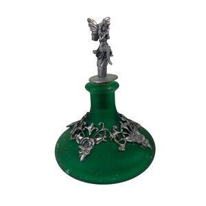 Vintage Green Flashed Glass Bottle Pewter Fairy Cork Metal Rose Detail READ